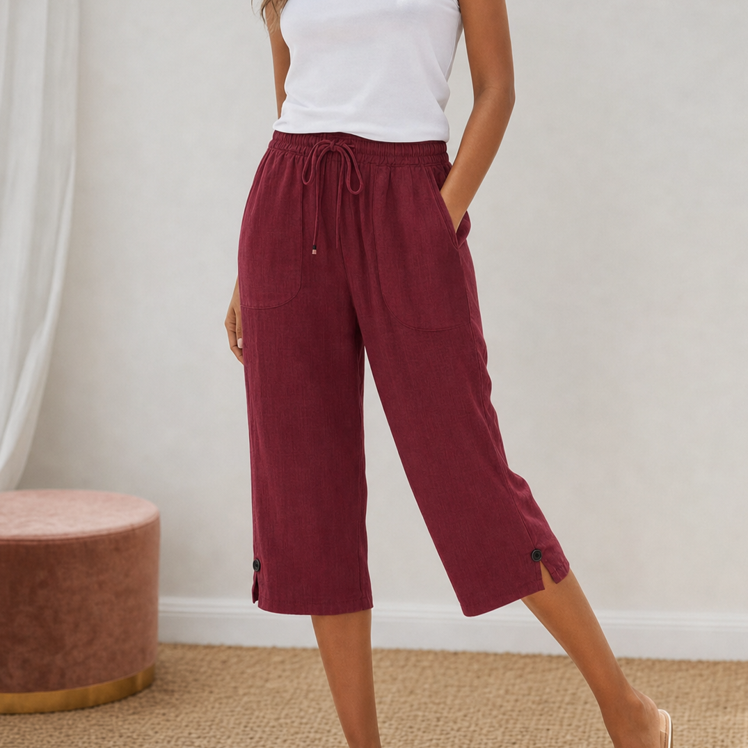 Lyriva™ – Women's Capri Pants with Drawstring Waist, Pockets and Button-Slit Hem