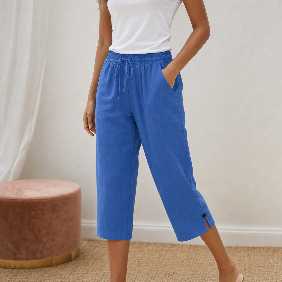 Lyriva™ – Women's Capri Pants with Drawstring Waist, Pockets and Button-Slit Hem