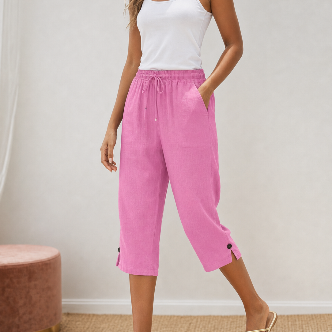 Lyriva™ – Women's Capri Pants with Drawstring Waist, Pockets and Button-Slit Hem