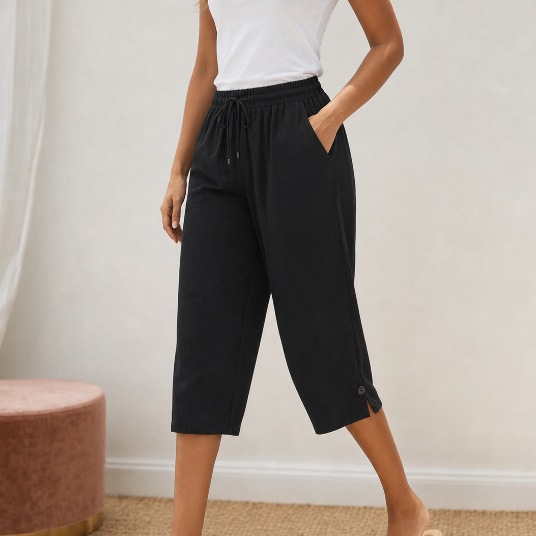 Lyriva™ – Women's Capri Pants with Drawstring Waist, Pockets and Button-Slit Hem