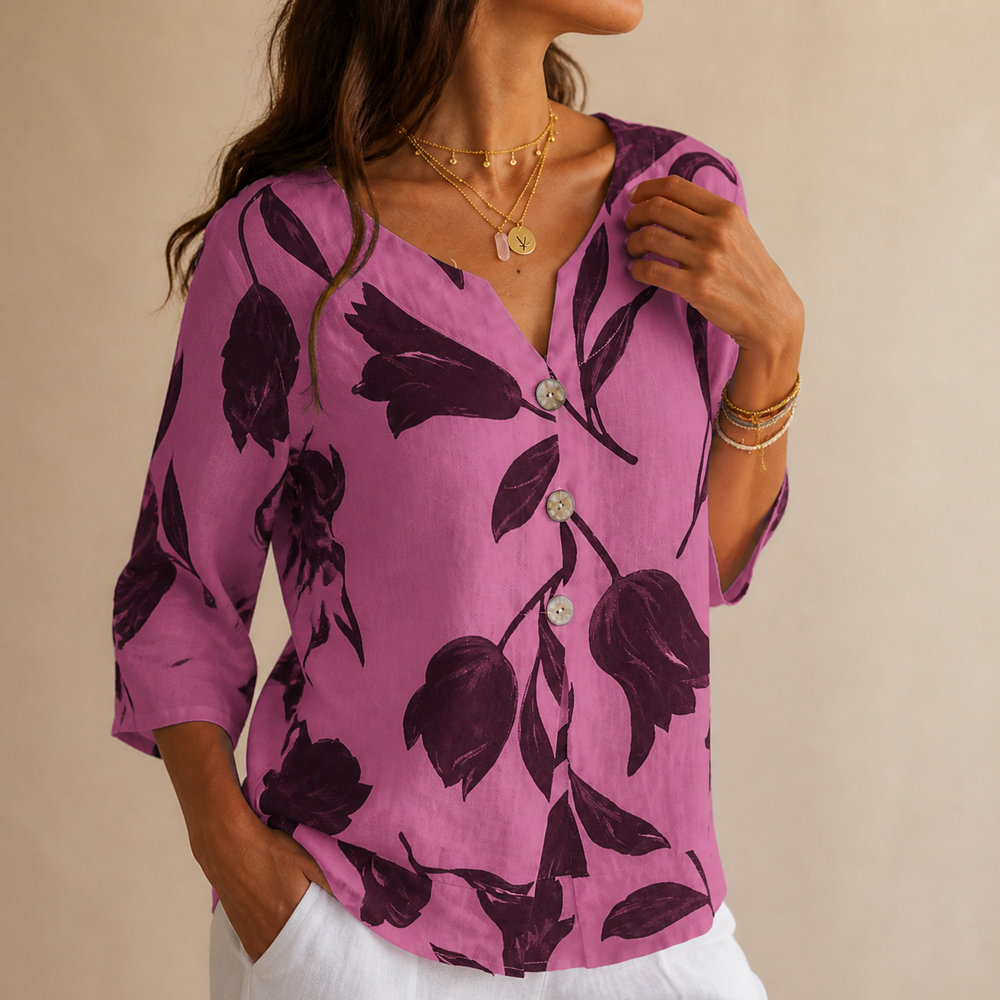 Florelle – Floral Linen V-Neck Popover Blouse with 3/4 Sleeves
