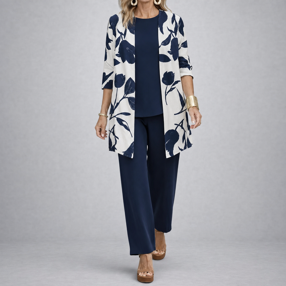 Brenda™ – Women's 3 Piece Set with Floral Cardigan, Scoop Top and Wide Leg Trousers