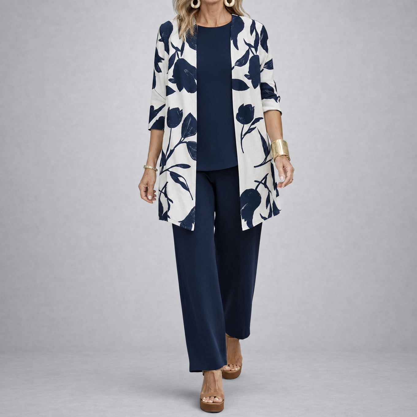 Brenda™ – Women's 3 Piece Set with Floral Cardigan, Scoop Top and Wide Leg Trousers