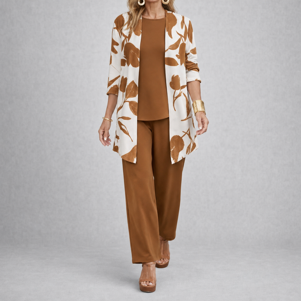 Brenda™ – Women's 3 Piece Set with Floral Cardigan, Scoop Top and Wide Leg Trousers