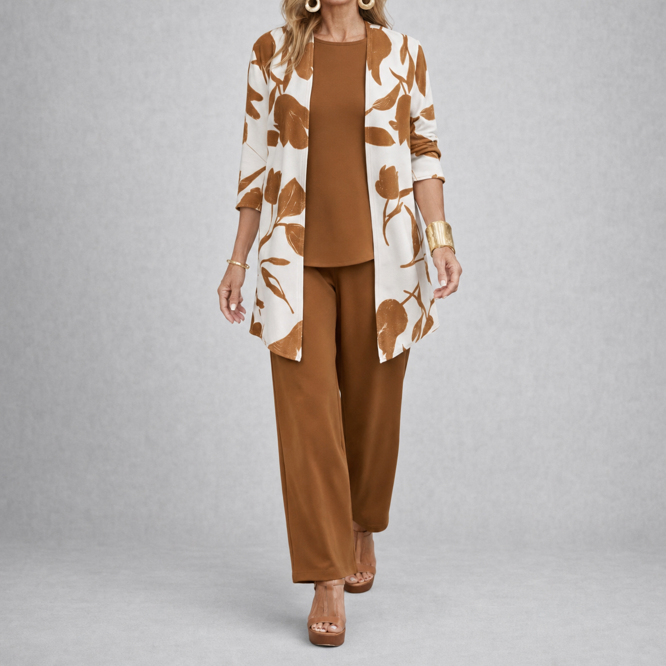 Brenda™ – Women's 3 Piece Set with Floral Cardigan, Scoop Top and Wide Leg Trousers
