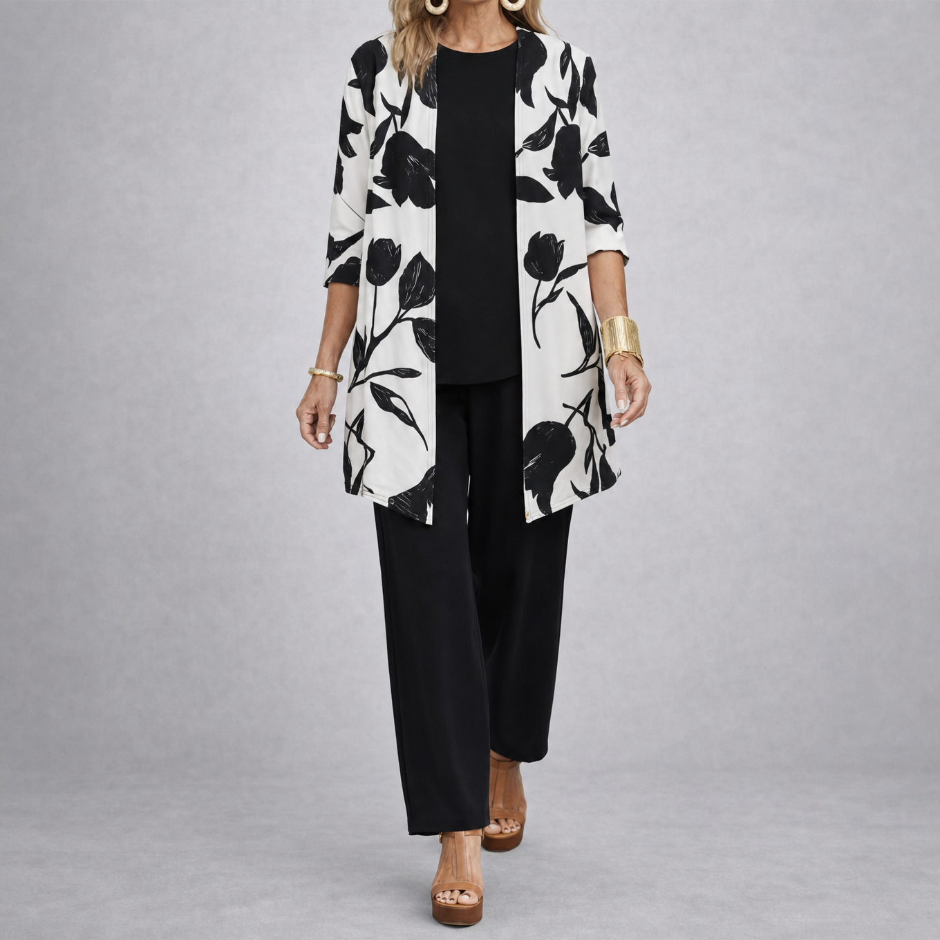 Brenda™ – Women's 3 Piece Set with Floral Cardigan, Scoop Top and Wide Leg Trousers