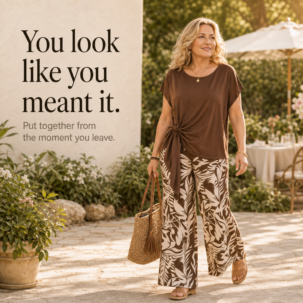 Lunaria™ – Women's Side-Tie Top & Wide-Leg Leaf-Print Pants Set