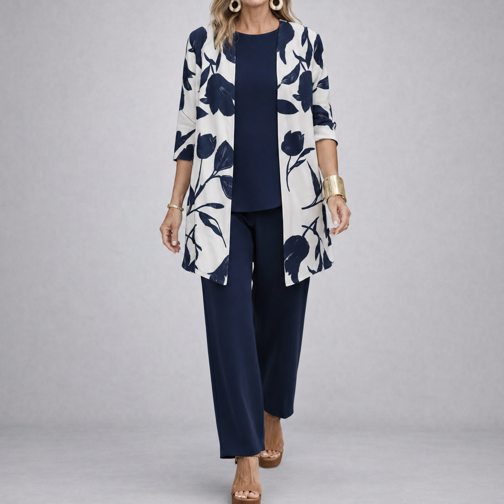 Evania™ – Women's Navy Botanical 3 Piece Outfit Set with Longline Cardigan