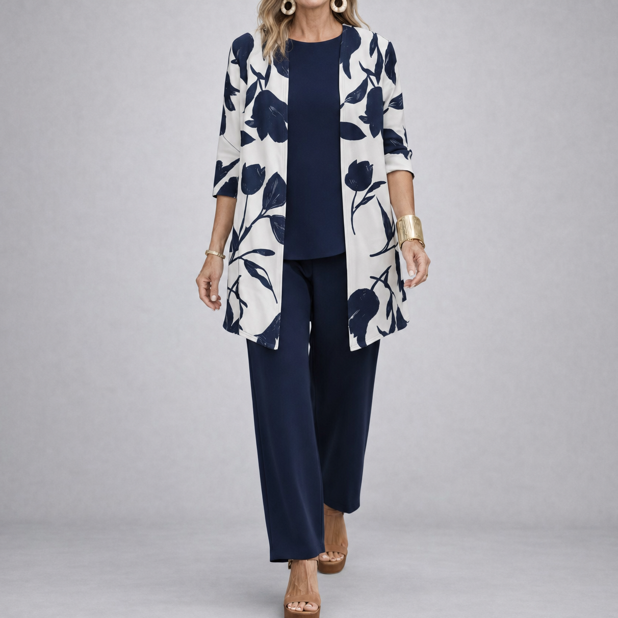 Evania™ – Women's Navy Botanical 3 Piece Outfit Set with Longline Cardigan
