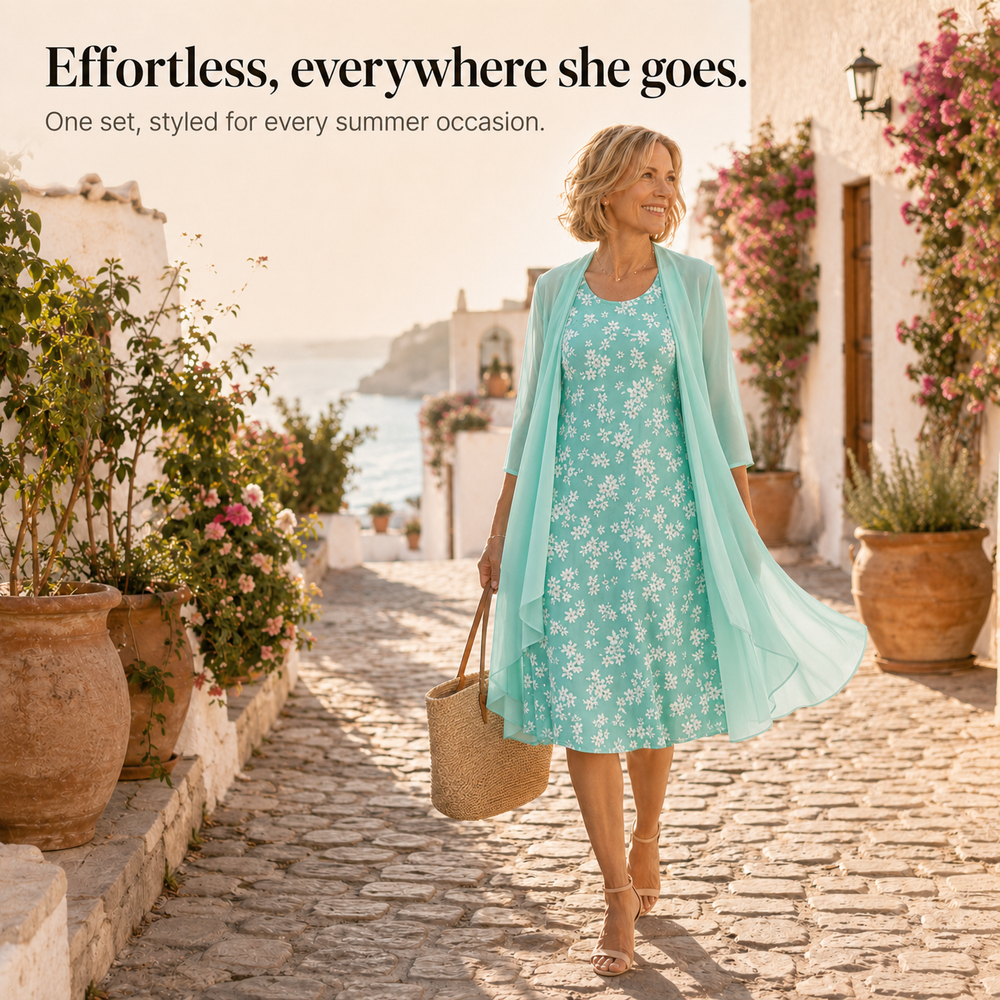 Marisella™ – Floral Midi Dress with Sheer Cardigan 2-Piece Set