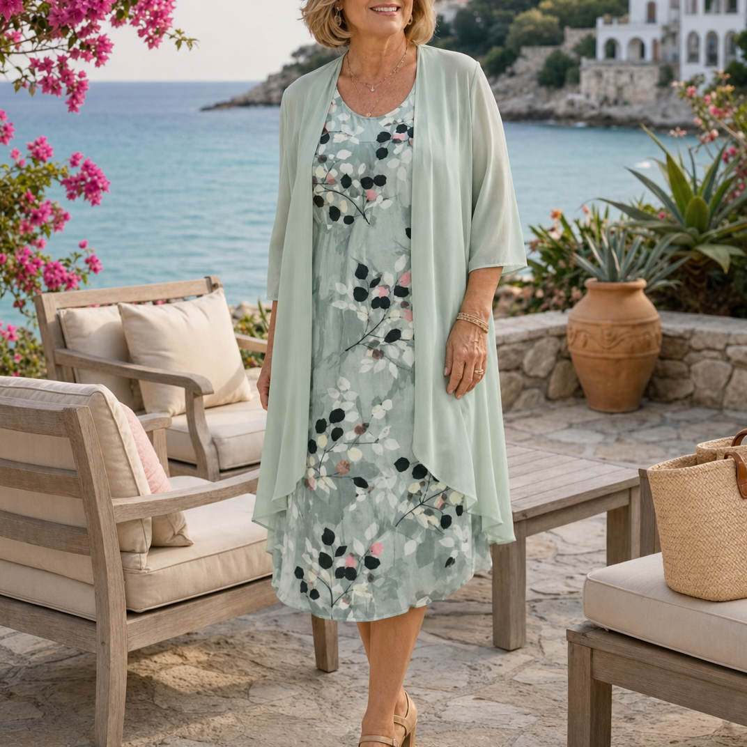 Marisella™ – Floral Midi Dress with Sheer Cardigan 2-Piece Set
