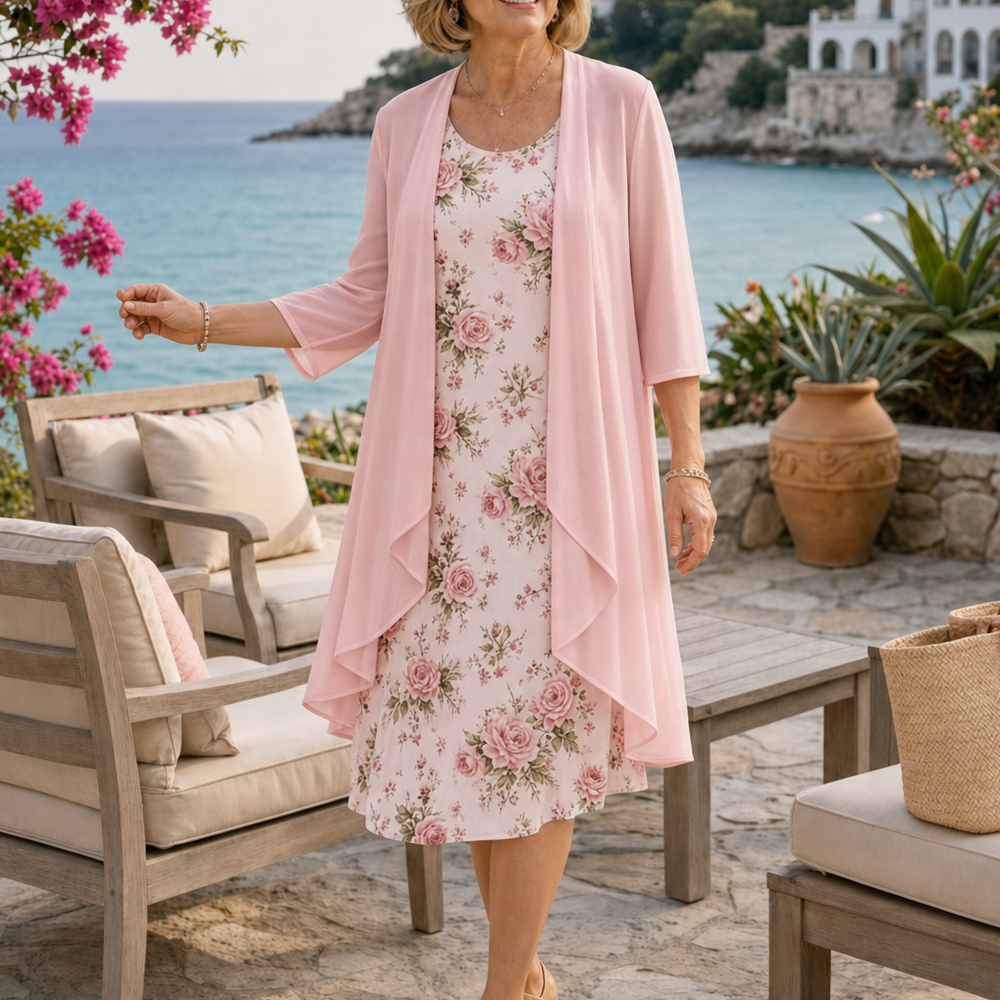 Marisella™ – Floral Midi Dress with Sheer Cardigan 2-Piece Set