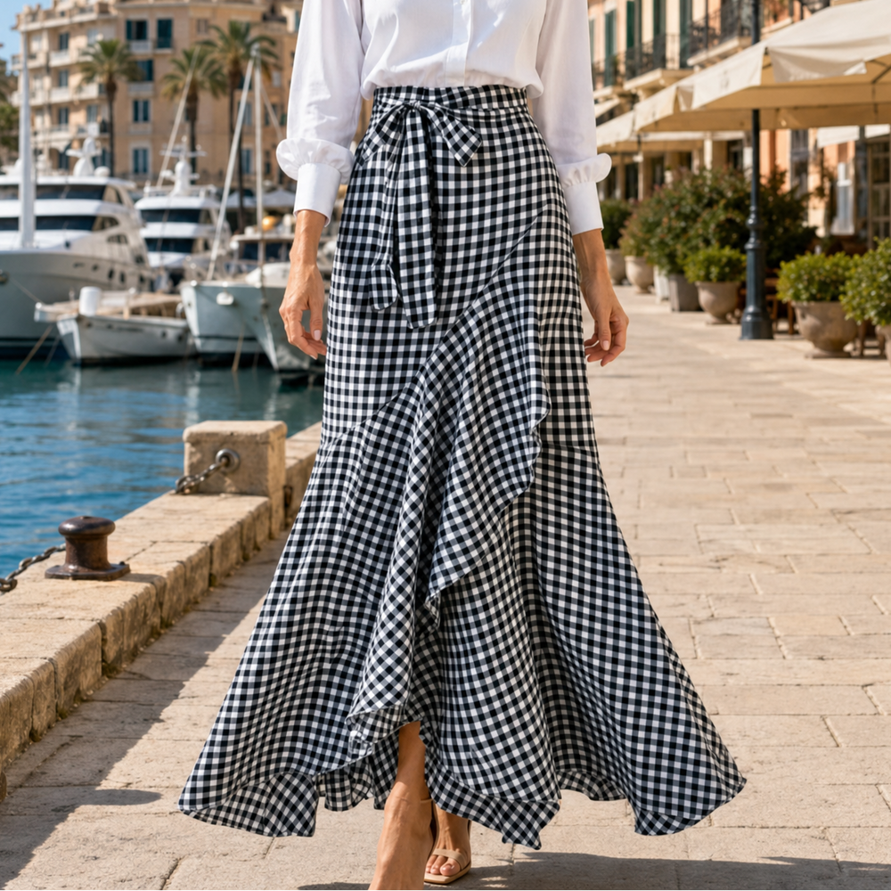 Veluna™ – Gingham Asymmetrical Ruffle Maxi Skirt for Women