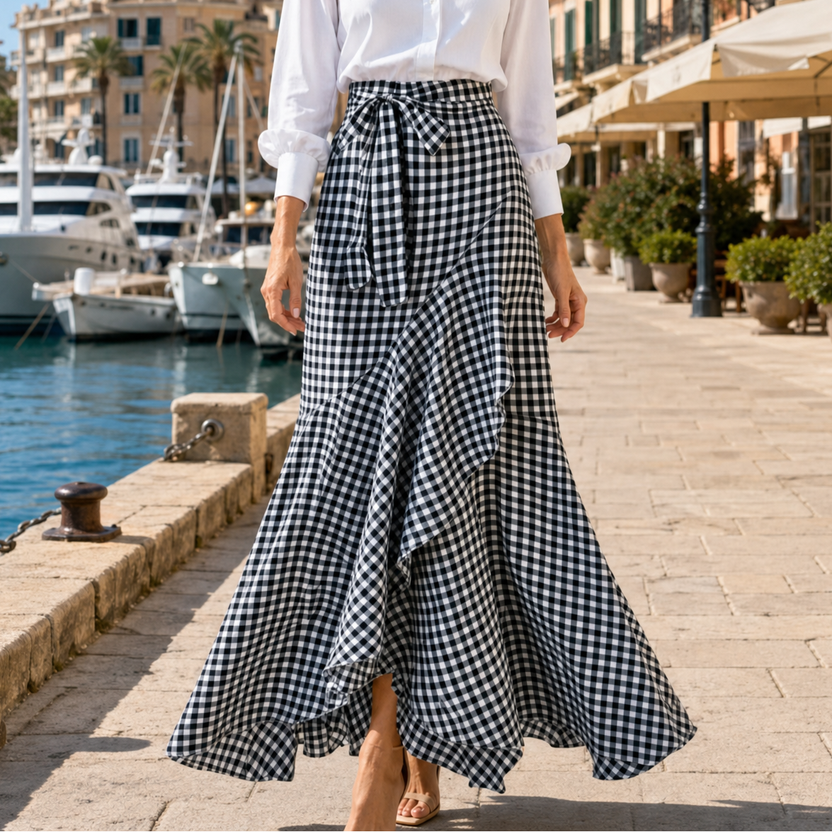 Veluna™ – Gingham Asymmetrical Ruffle Maxi Skirt for Women