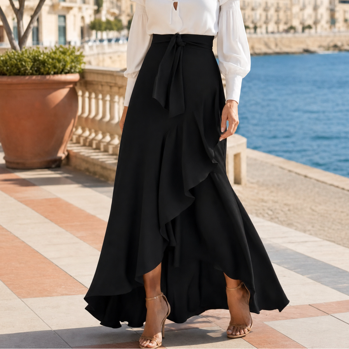 Veluna™ – Gingham Asymmetrical Ruffle Maxi Skirt for Women
