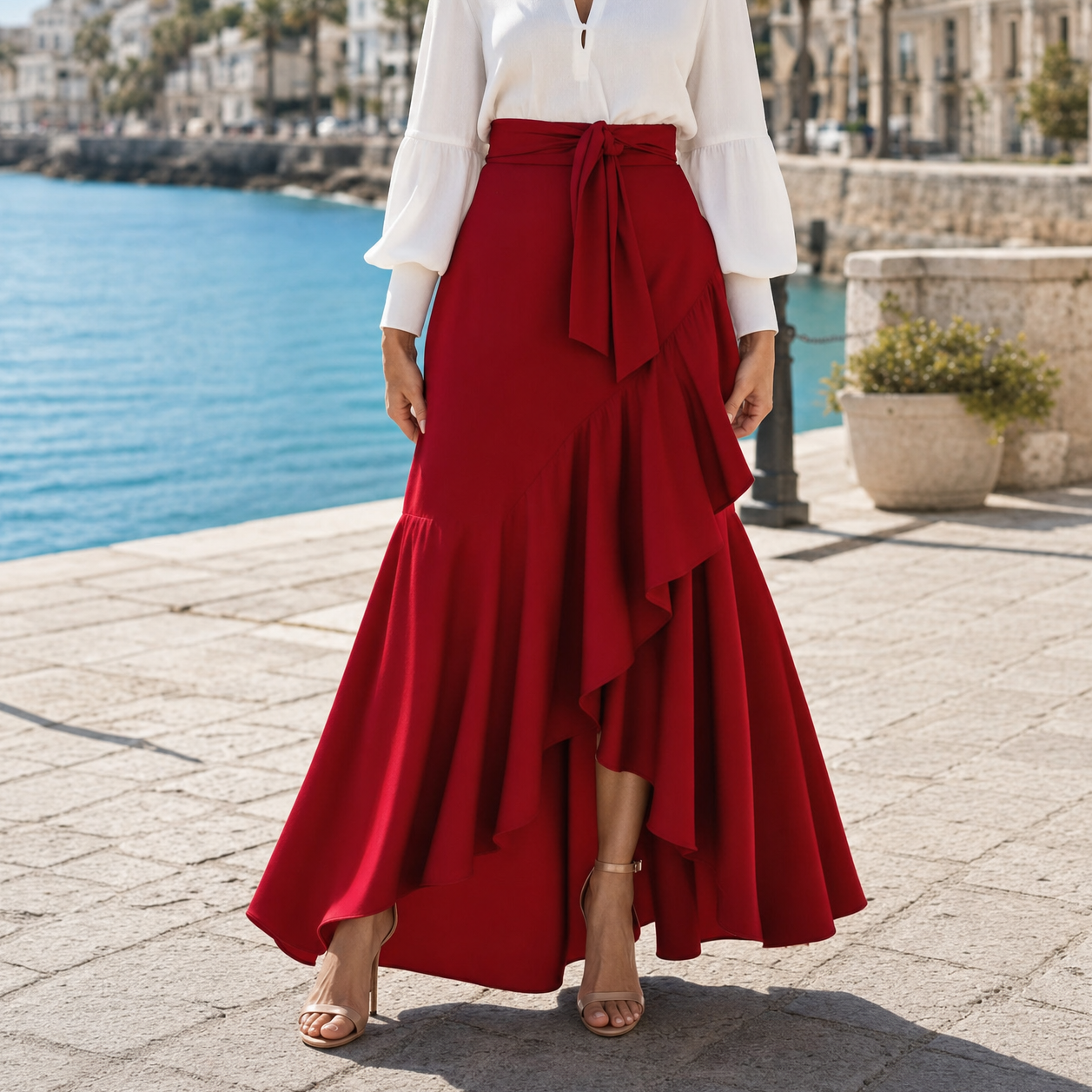 Veluna™ – Gingham Asymmetrical Ruffle Maxi Skirt for Women