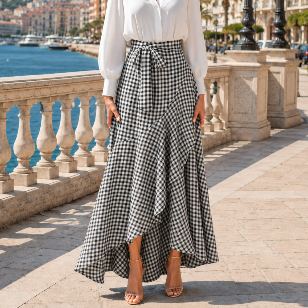 Veluna™ – Gingham Asymmetrical Ruffle Maxi Skirt for Women