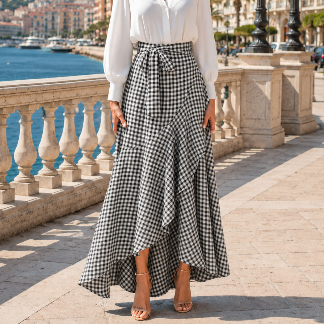 Veluna™ – Gingham Asymmetrical Ruffle Maxi Skirt for Women