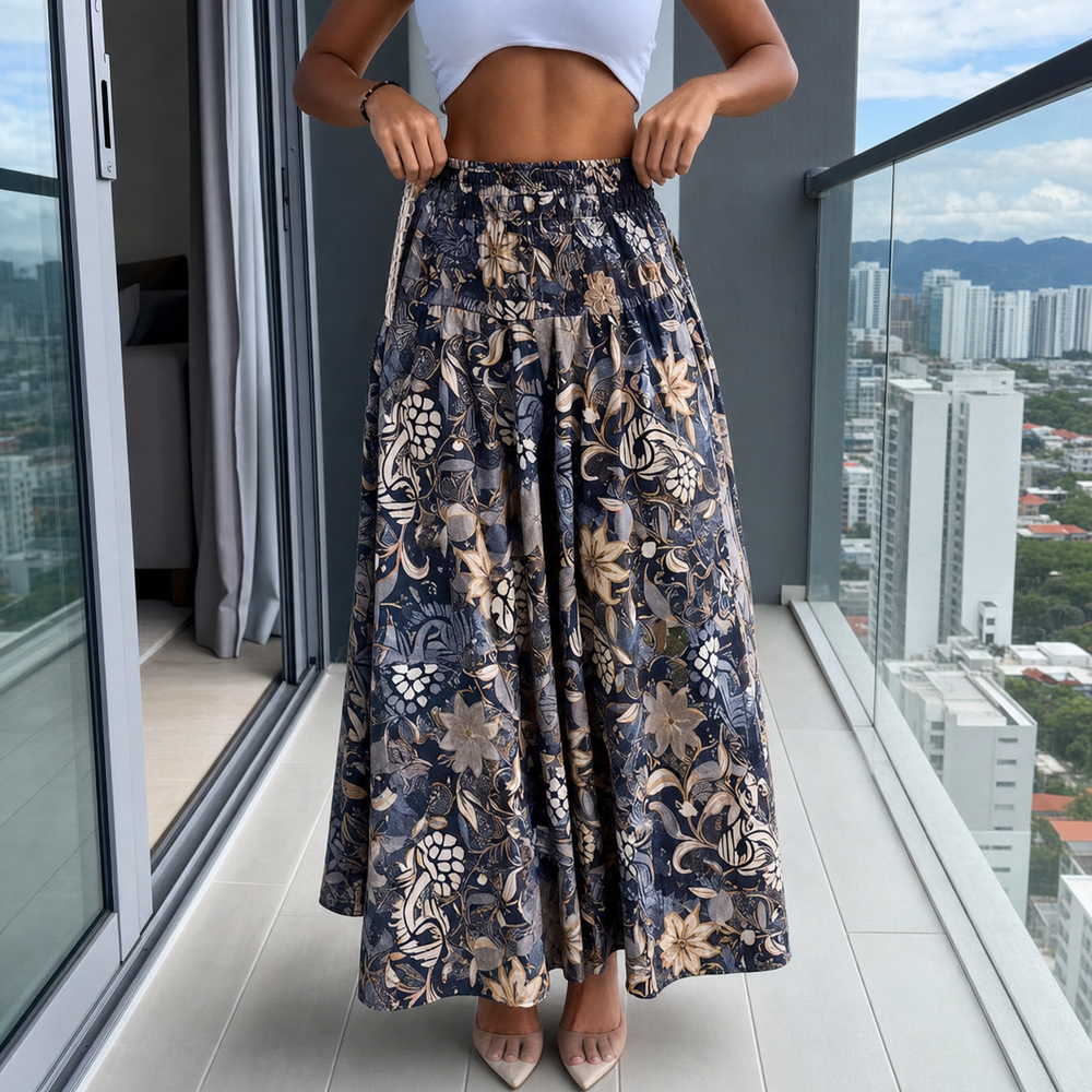 Floressa – Smocked High-Waist Floral Maxi Skirt with Flowy A-Line Sweep