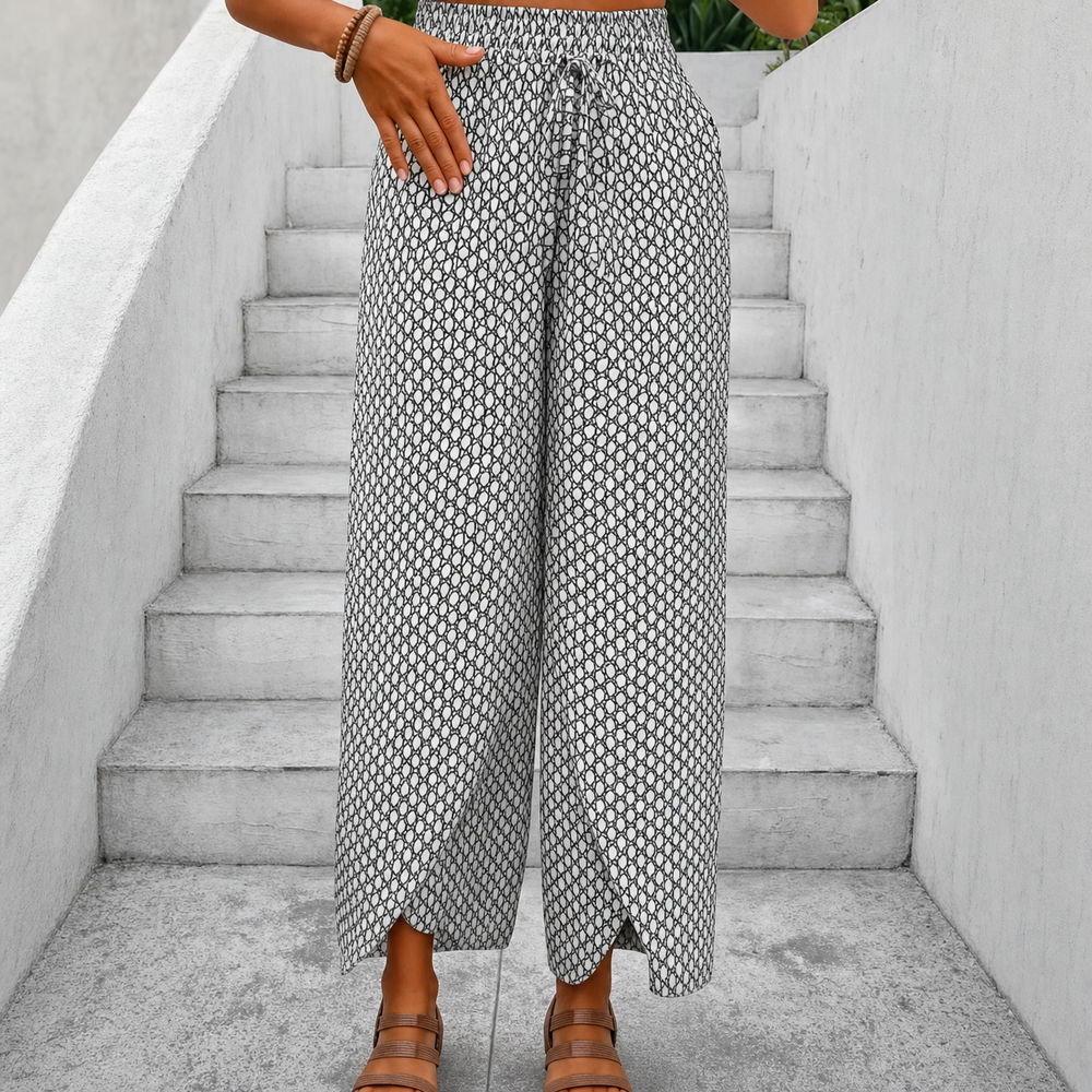 Solavie – Smocked Waist Wide Leg Pants with Wrap Slit for Women