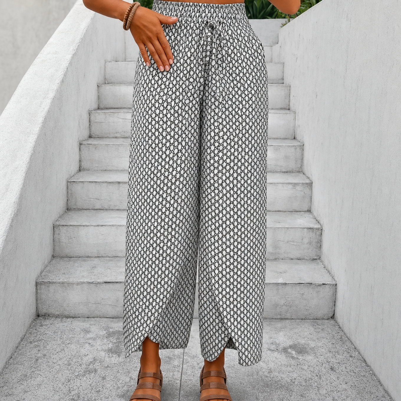 Solavie – Smocked Waist Wide Leg Pants with Wrap Slit for Women