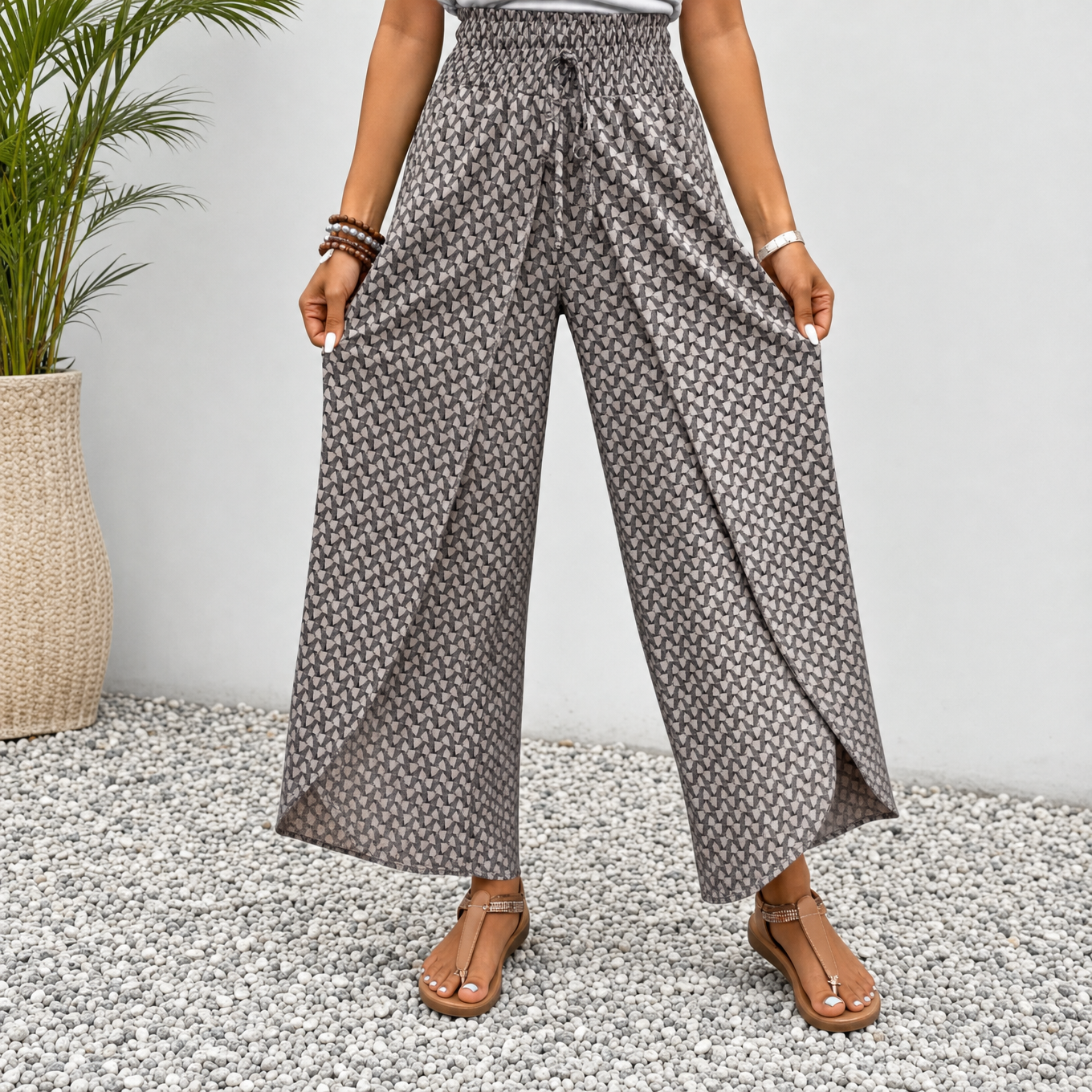 Solavie – Smocked Waist Wide Leg Pants with Wrap Slit for Women