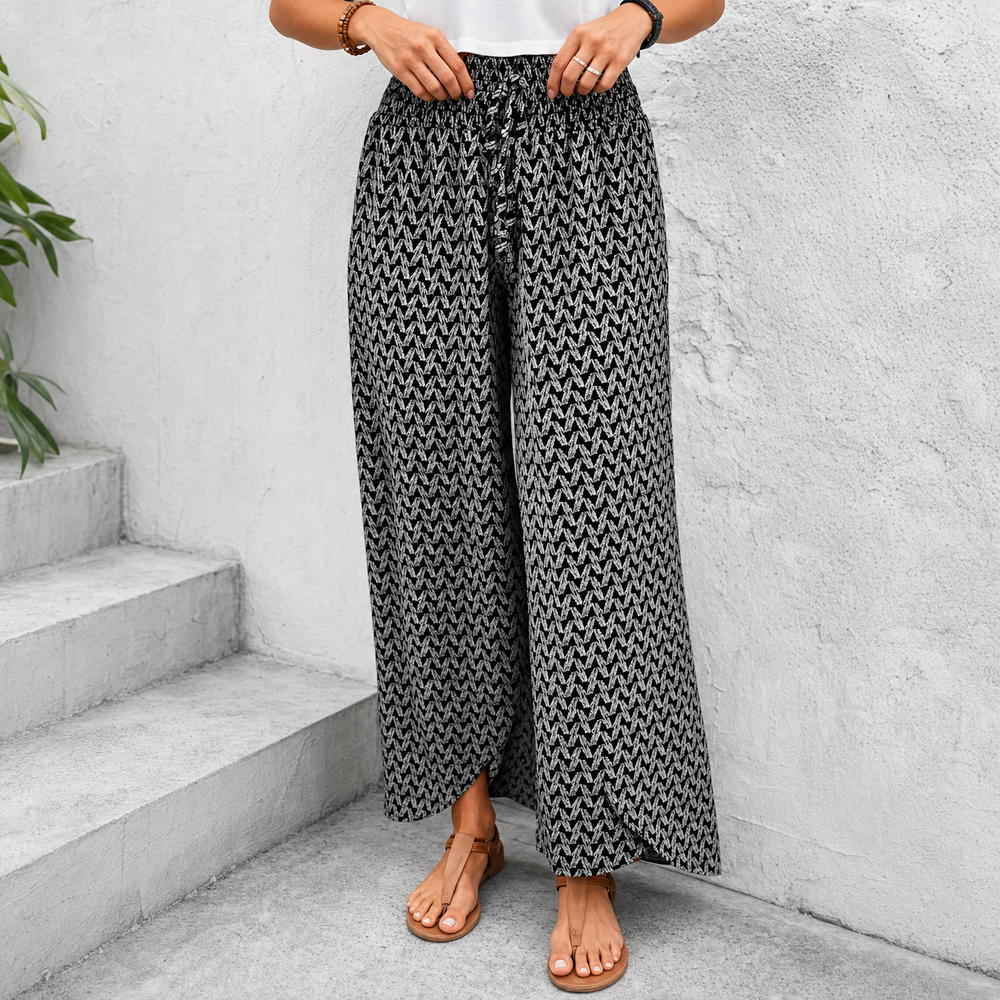 Solavie – Smocked Waist Wide Leg Pants with Wrap Slit for Women