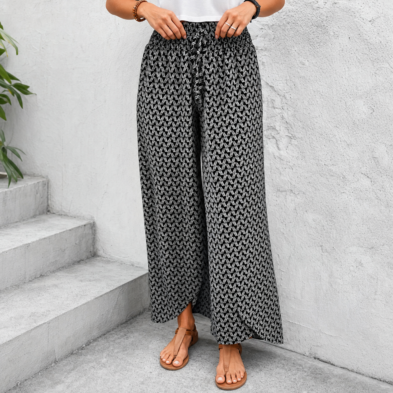 Solavie – Smocked Waist Wide Leg Pants with Wrap Slit for Women