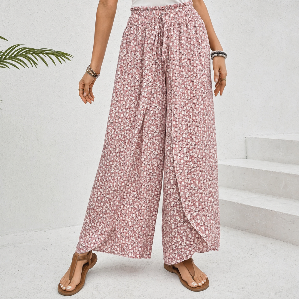 Solavie – Smocked Waist Wide Leg Pants with Wrap Slit for Women