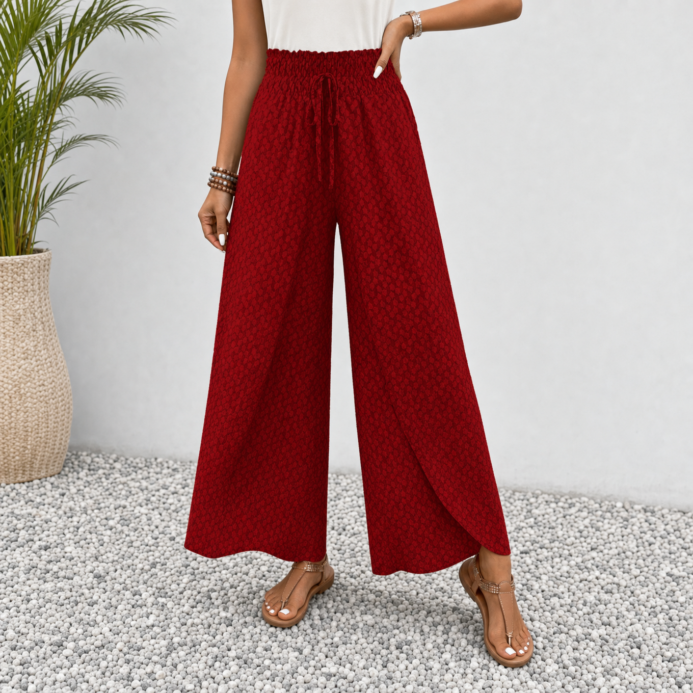 Solavie – Smocked Waist Wide Leg Pants with Wrap Slit for Women