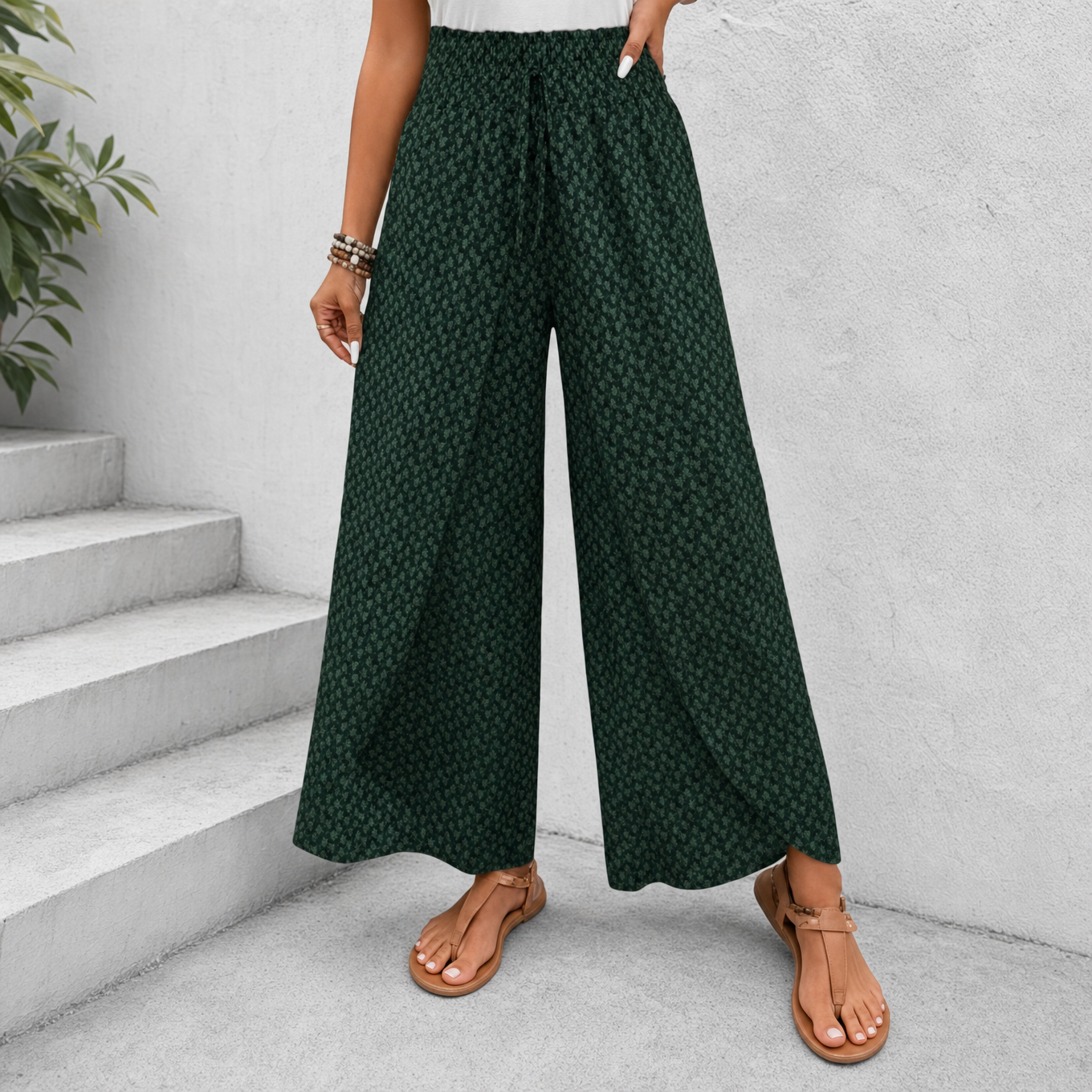 Solavie – Smocked Waist Wide Leg Pants with Wrap Slit for Women