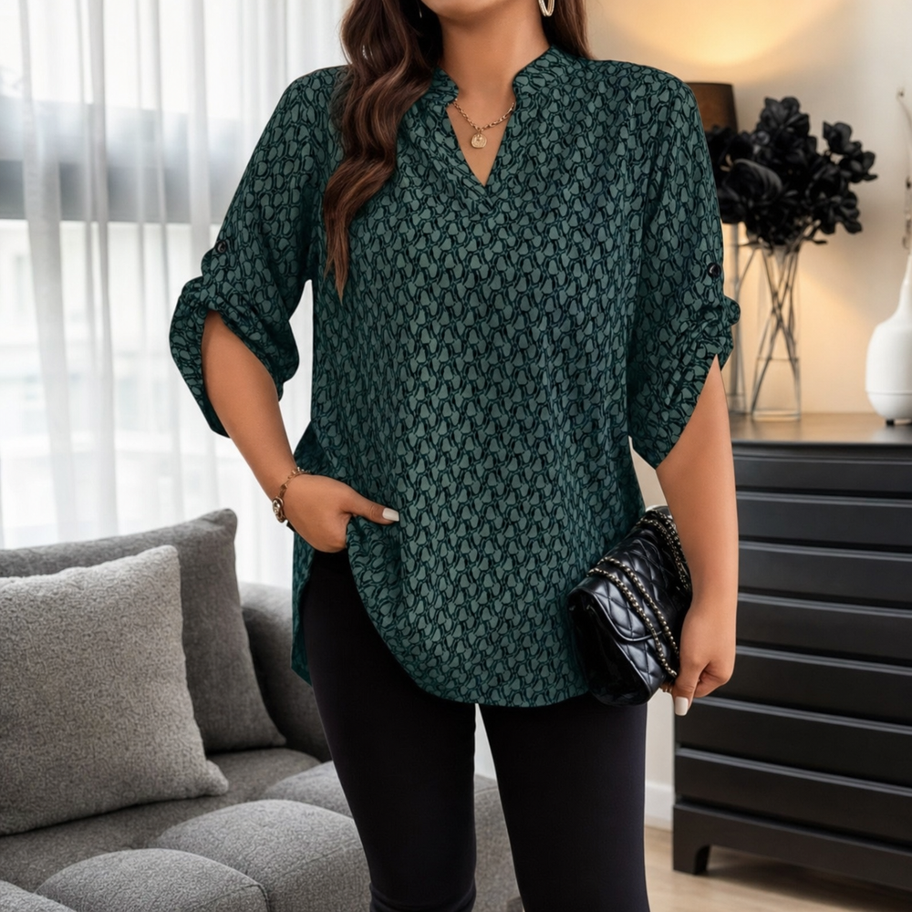 Drapella – Geometric Print V-Neck Tunic Blouse with Roll-Tab Sleeves