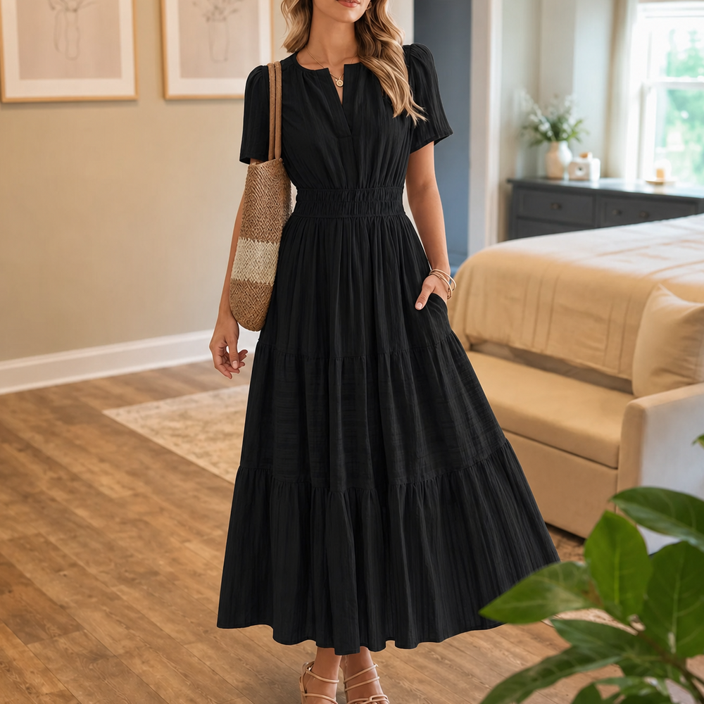 Florelle – Smocked Waist Tiered Boho Maxi Dress with Puff Sleeves