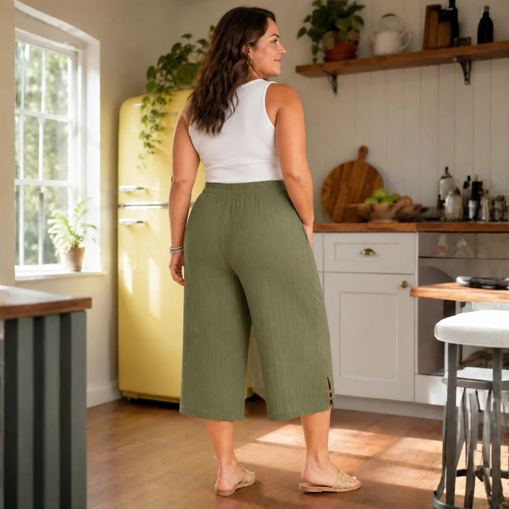 Velora – Ribbed Wide-Leg Capri Pants with Drawstring Waist & Side Slit, Plus Size 1XL–5XL