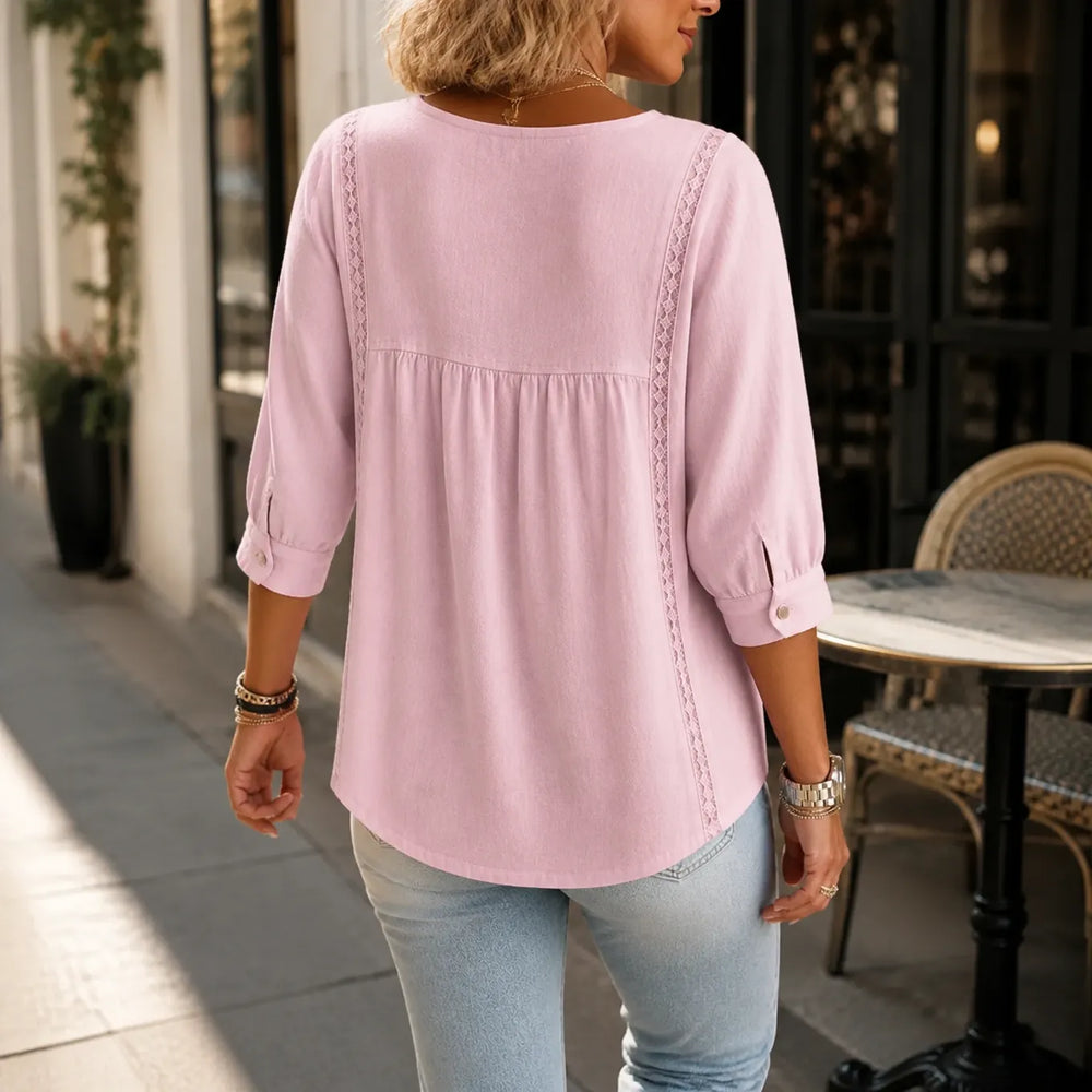 Liorelle – Lace Trim V Neck Babydoll Blouse for Women