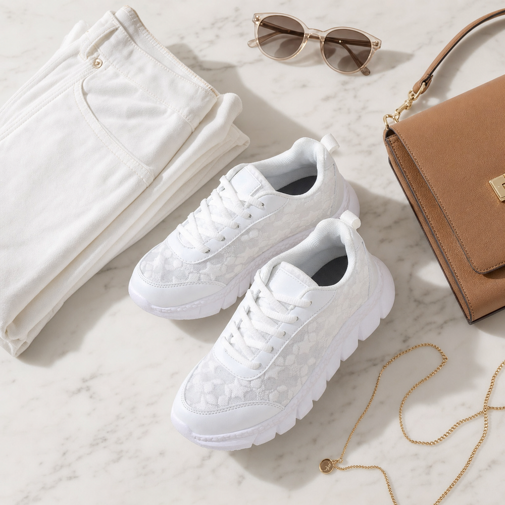 Stelline – Star Mesh Platform Sneakers for Women, Breathable White Lace