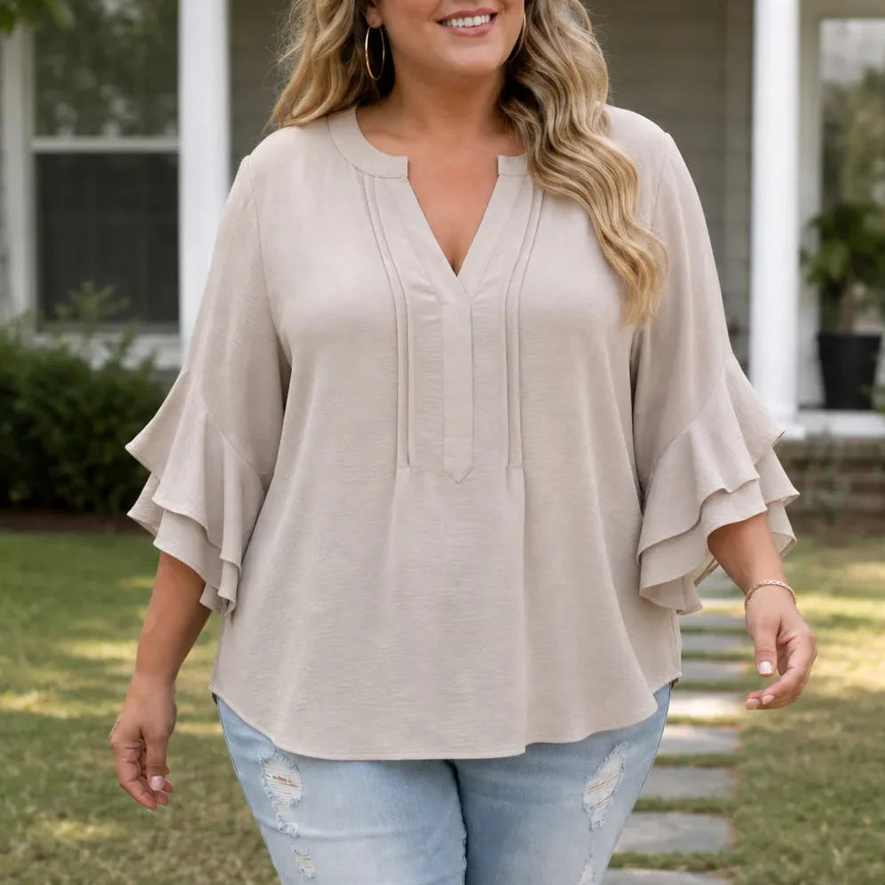 Vivelyn – Women's V-Neck Ruffle Sleeve Blouse, Flowy Casual Top in 4 Colors