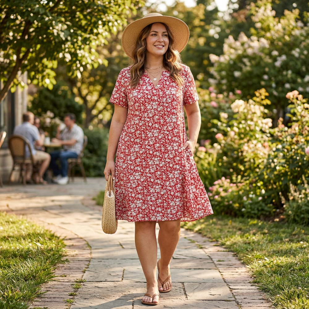 Veluna – Women's V-Neck Floral Dress with Pockets