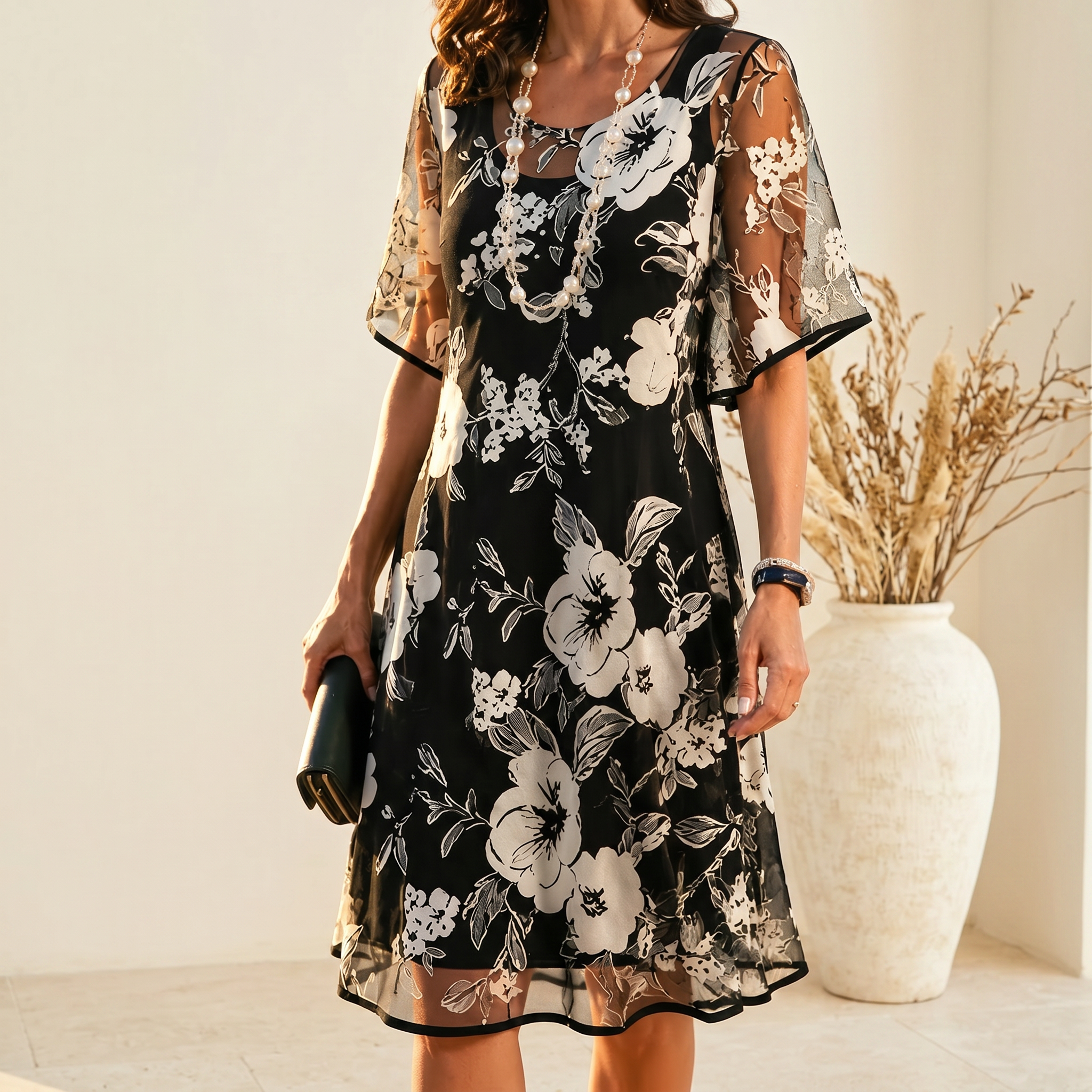 Solenya – Women's Floral Chiffon Dress with Sheer Overlay