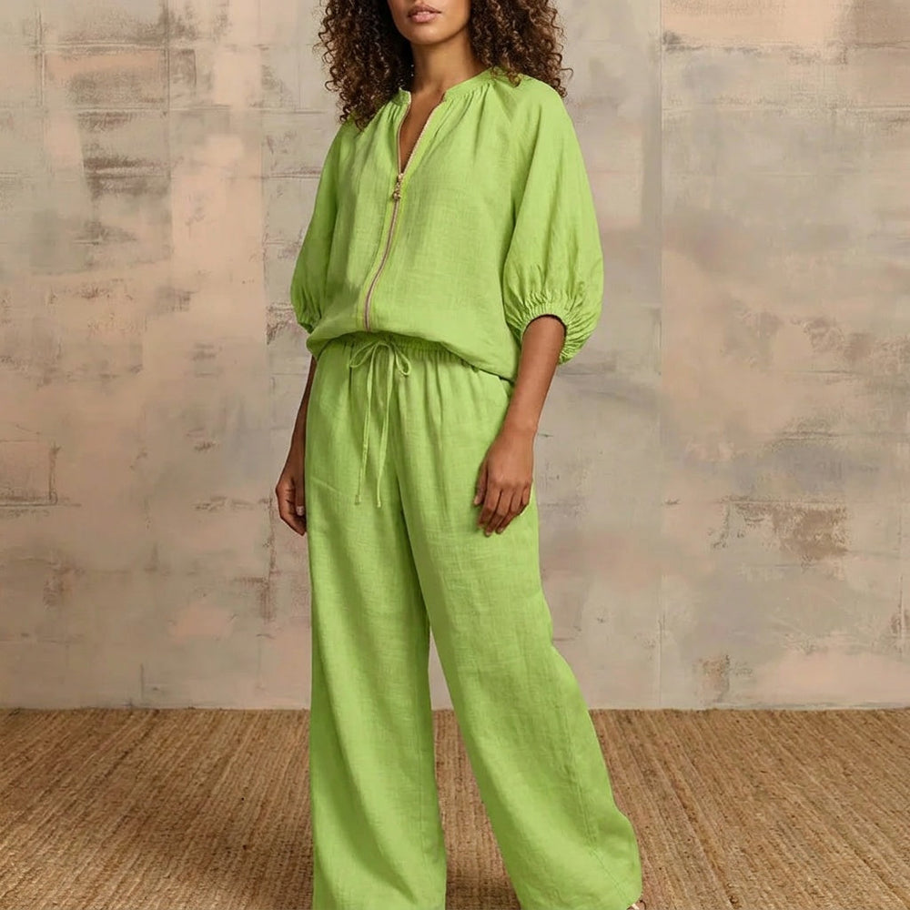Veluna – Women's Linen Two-Piece Set with Gold Zip