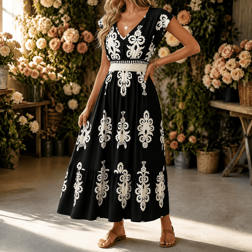 Osyrel – Women's Damask Print Midi Dress with V-Neck