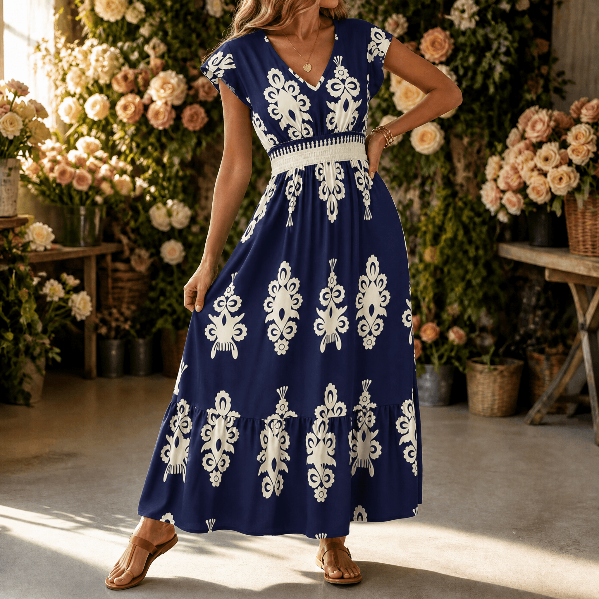 Osyrel – Women's Damask Print Midi Dress with V-Neck