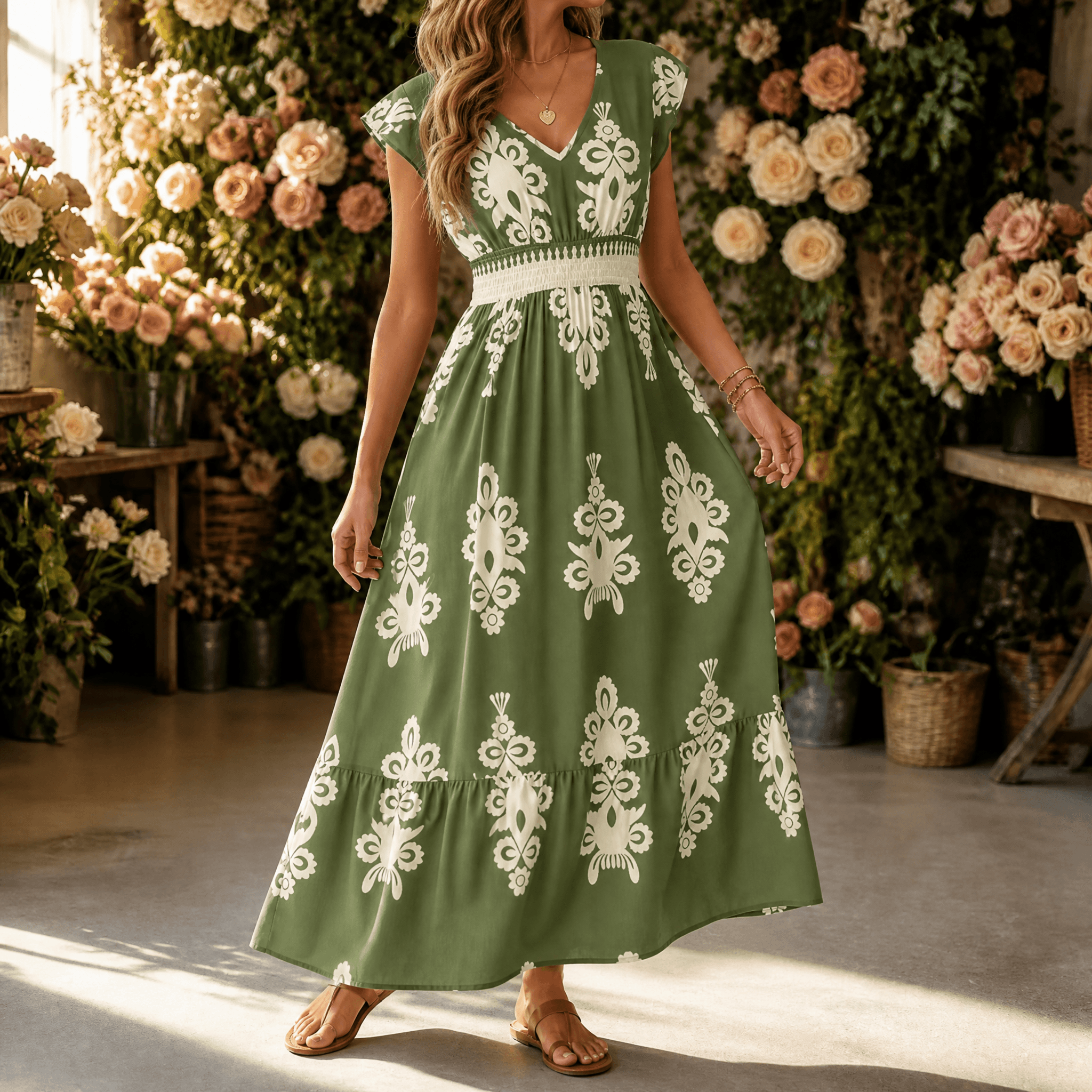 Osyrel – Women's Damask Print Midi Dress with V-Neck