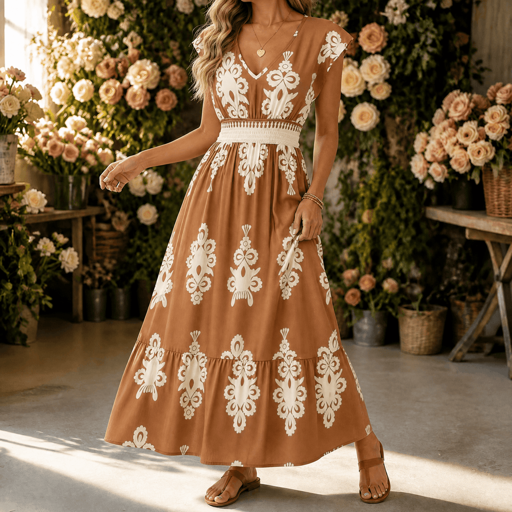 Osyrel – Women's Damask Print Midi Dress with V-Neck