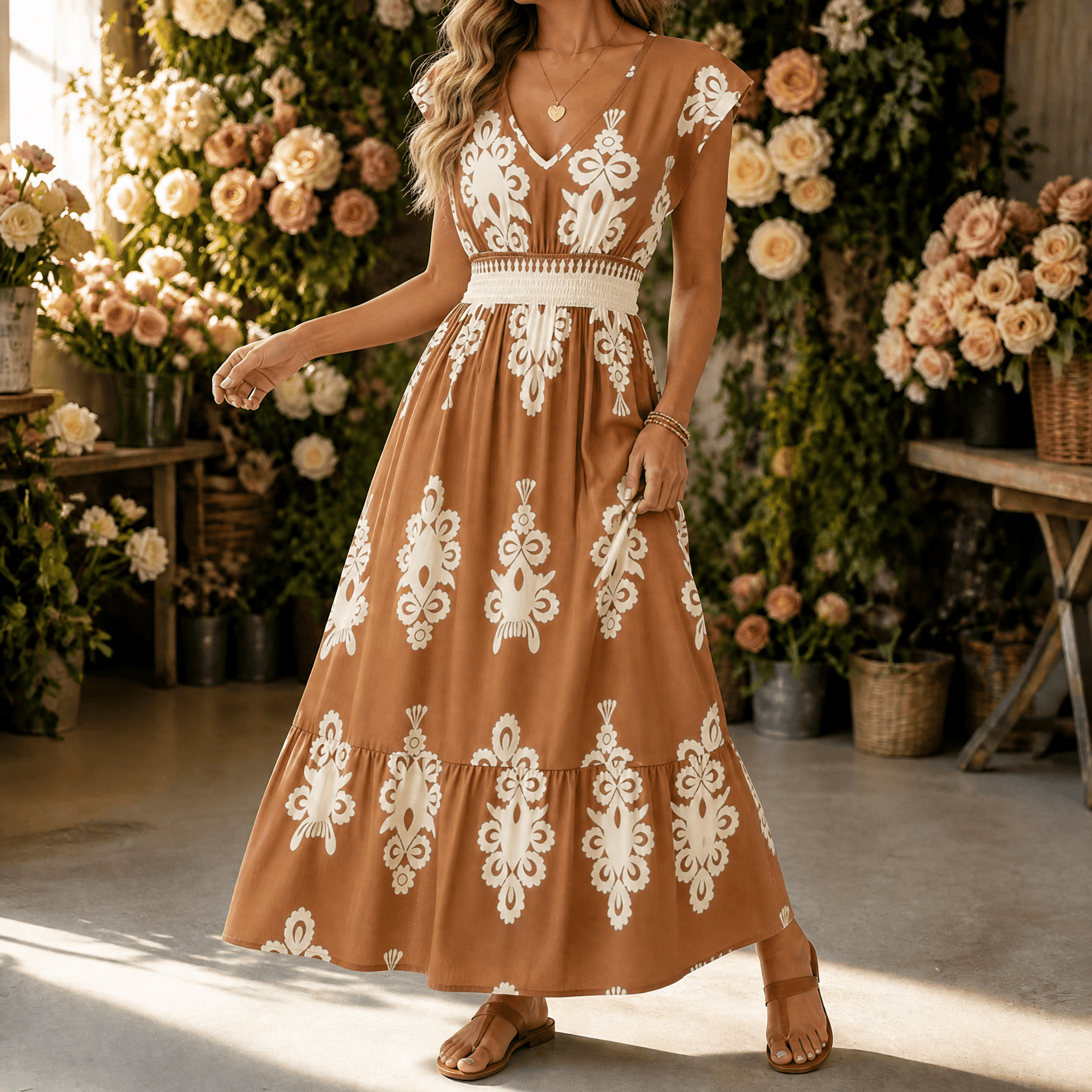 Osyrel – Women's Damask Print Midi Dress with V-Neck