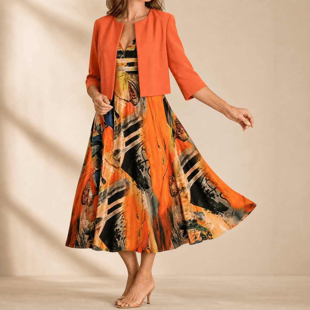 Phaeline – Women's Printed Midi Dress with Attached Cardigan