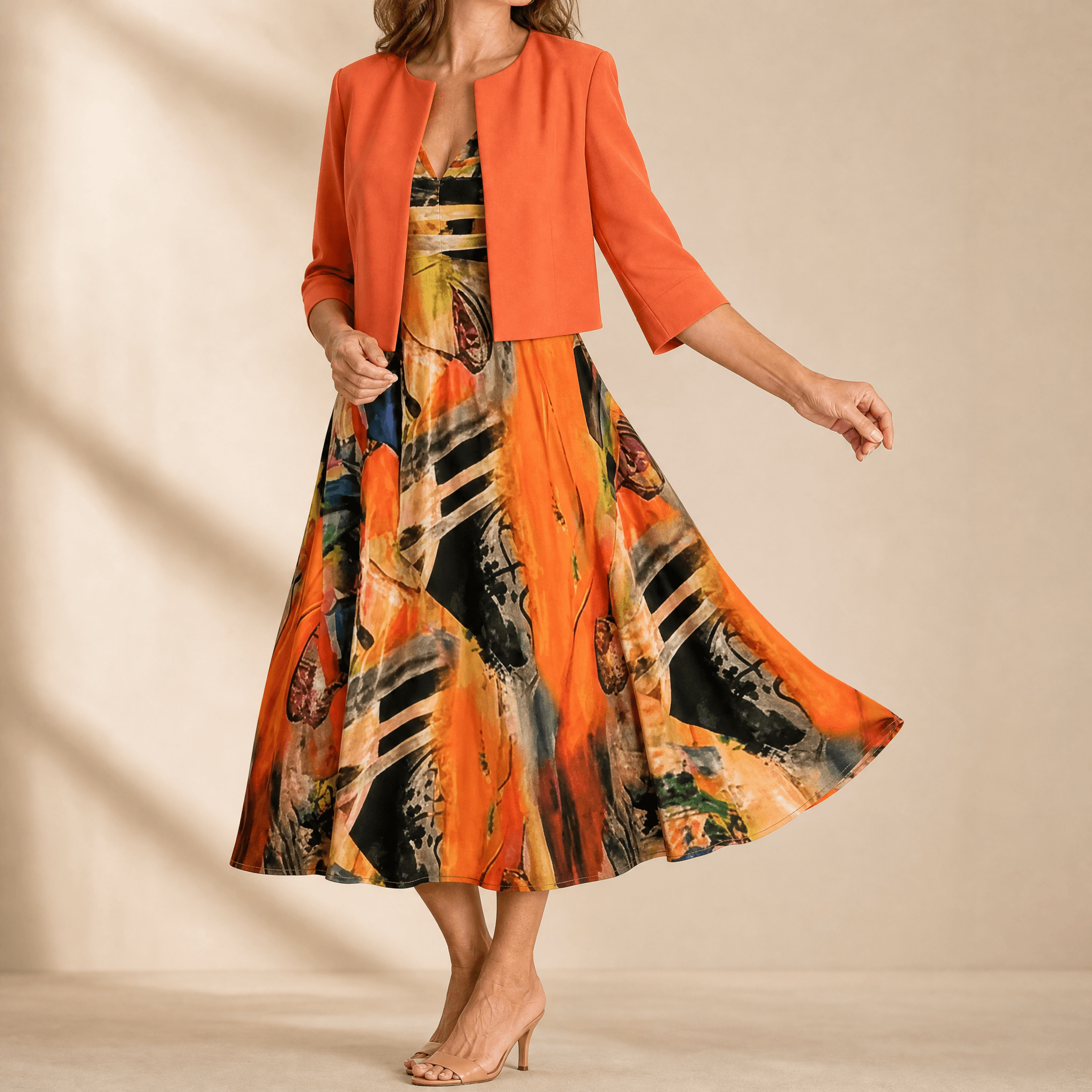 Phaeline – Women's Printed Midi Dress with Attached Cardigan