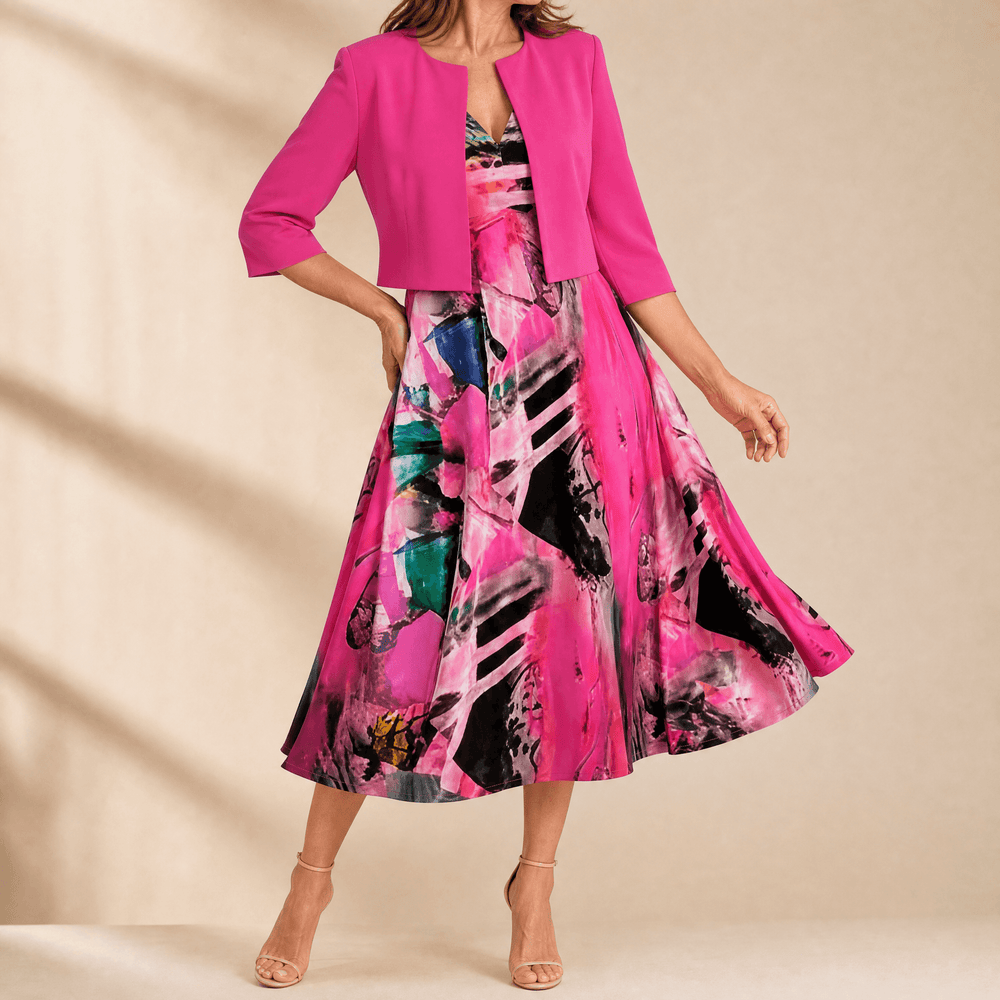 Phaeline – Women's Printed Midi Dress with Attached Cardigan