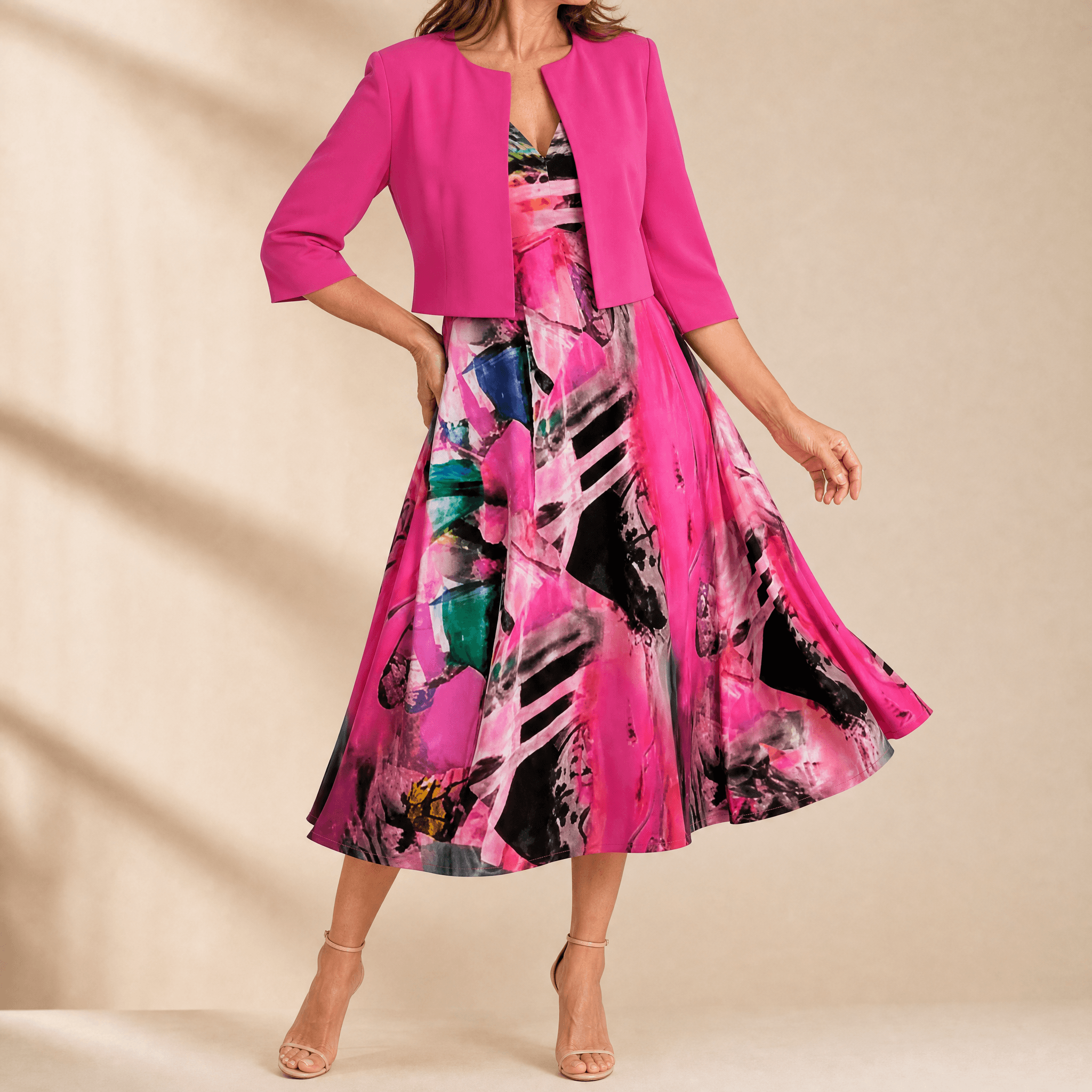 Phaeline – Women's Printed Midi Dress with Attached Cardigan