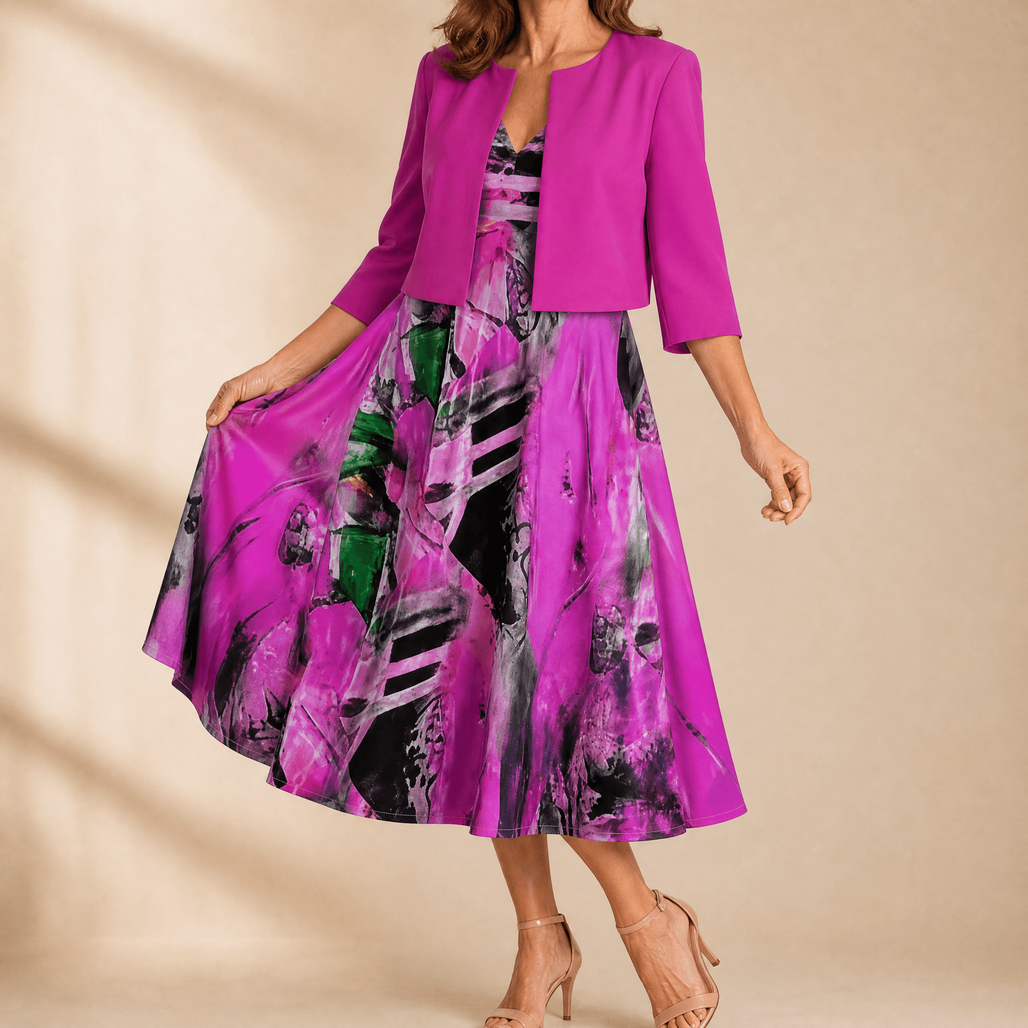 Phaeline – Women's Printed Midi Dress with Attached Cardigan
